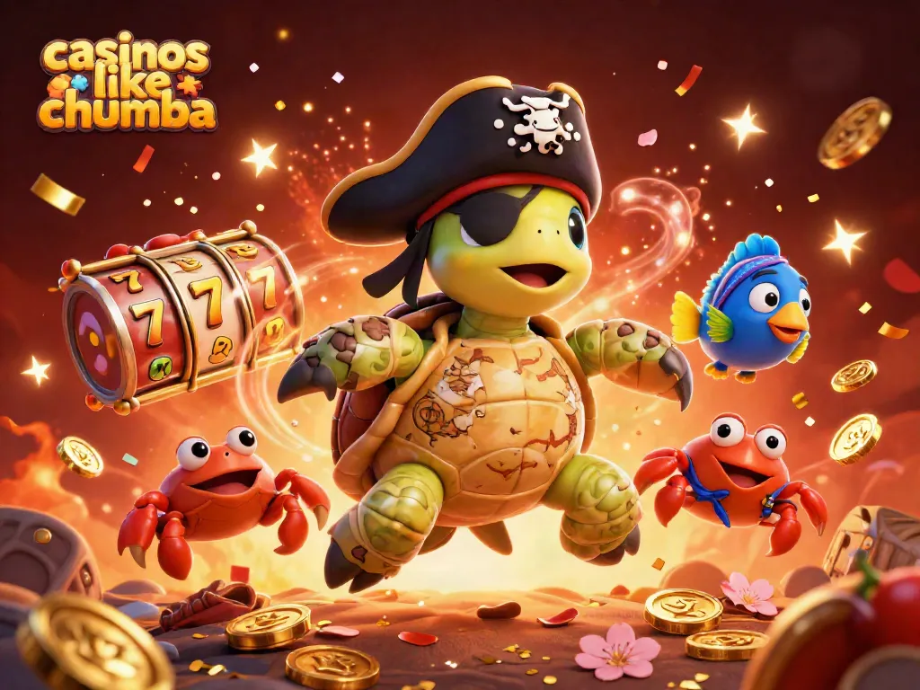 Engage with casinos like Chumba through an exciting 3D illustration of a pirate turtle surrounded by slots and treasure.