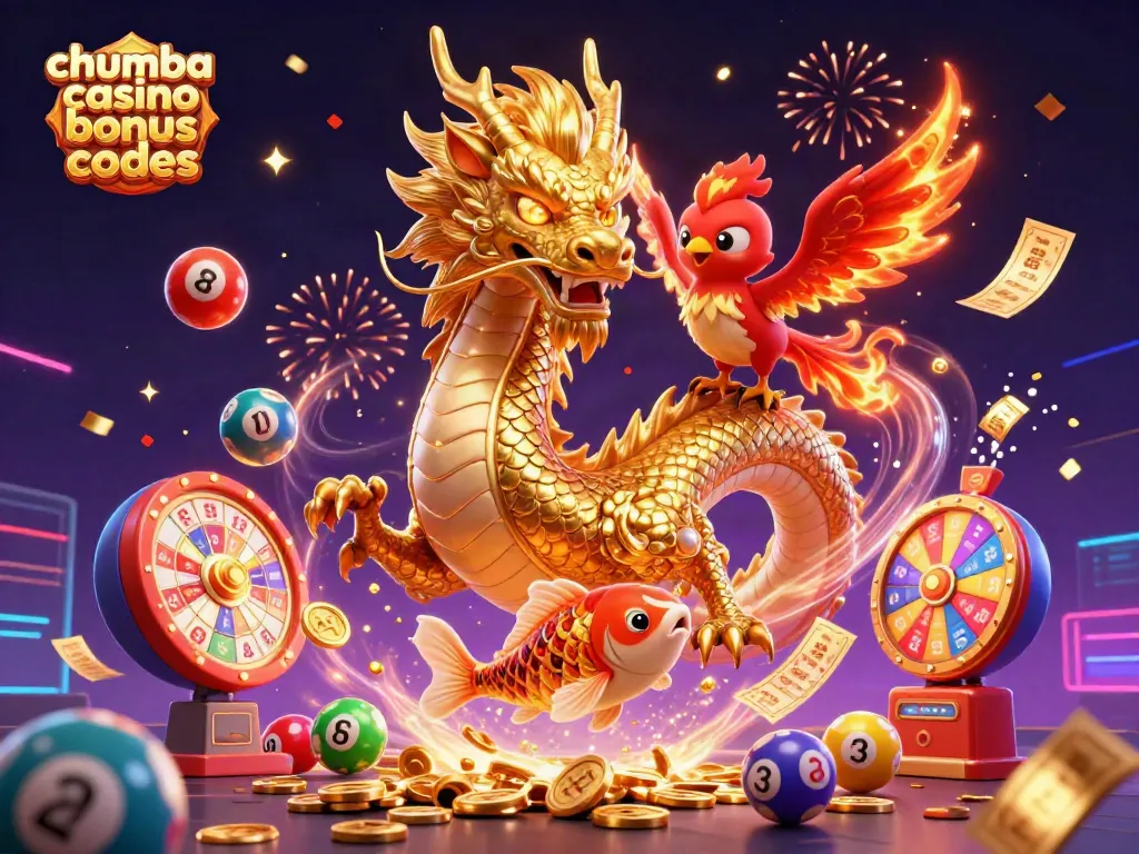 Spin the luck with Chumba Casino bonus codes featuring a golden dragon and vibrant game elements.