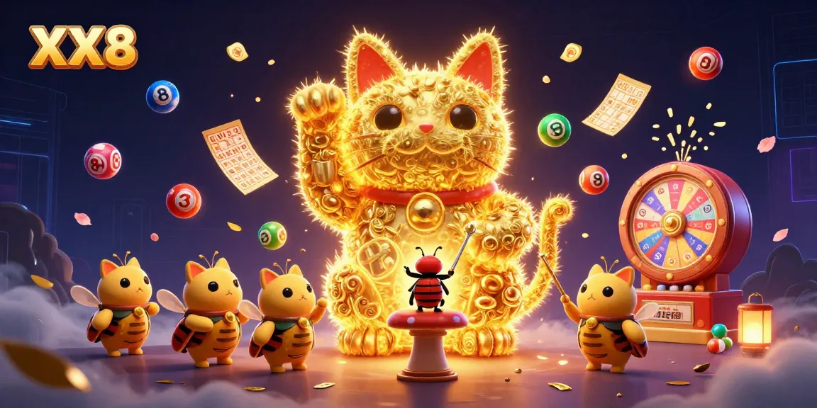 Experience the excitement of casino jackpots with XX8-themed lucky cat symbols and vibrant lottery elements.