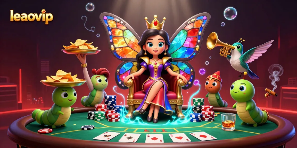 Experience the vibrant leaovip casino scene with a colorful butterfly queen, poker elements, and dynamic effects.