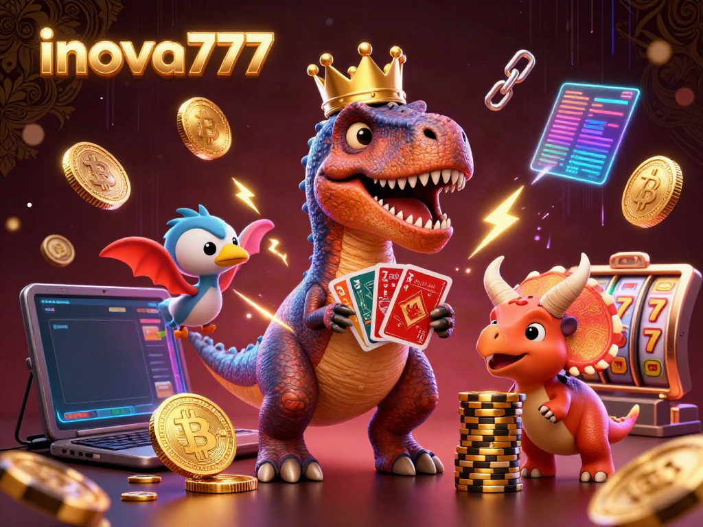 Engage with inova777 as T-Rex plays cards, with vibrant gaming elements and crypto coins in a dynamic casino scene.