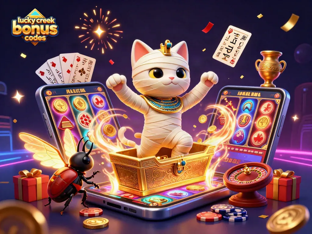 Win with Lucky Creek bonus codes in this vibrant casino scene featuring a 3D mummy cat and golden coins.