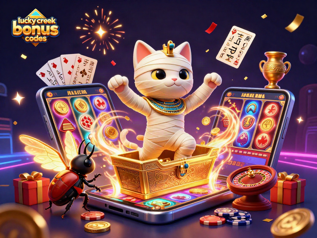 Win with Lucky Creek bonus codes in this vibrant casino scene featuring a 3D mummy cat and golden coins.