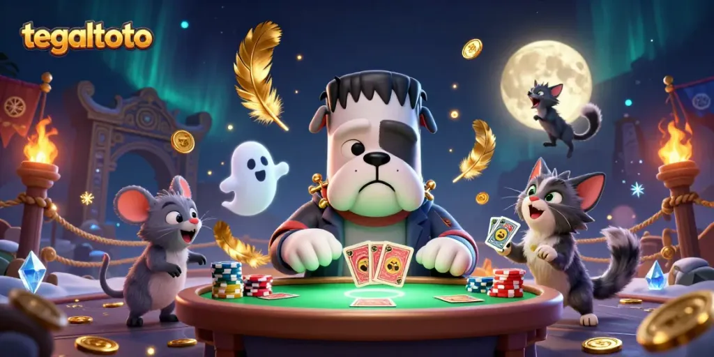 Tegaltoto menampilkan suasana permainan togel penuh semangat dengan karakter unik dan elemen kasino yang menarik.