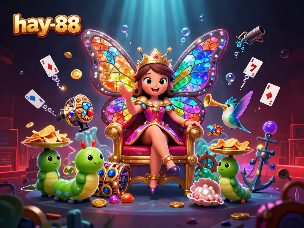 Engage in vibrant gambling action at hay-88 with an enchanting butterfly queen amid treasure and games.