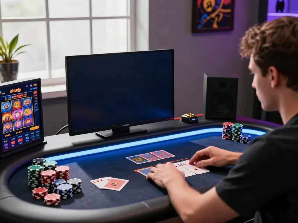 Player engaging with akunjp online casino games in a vibrant gaming setup.