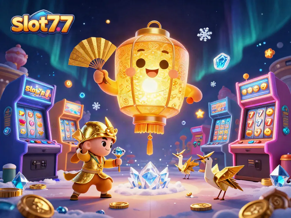 Memenangkan jackpot slot777 dengan tokoh kertas dan lampion emas dalam kasino magis.