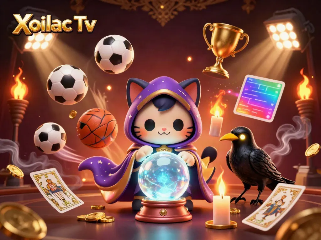 Xoilac Tv showcases dynamic sports excitement with mystical cat and raven in an engaging gambling scene.