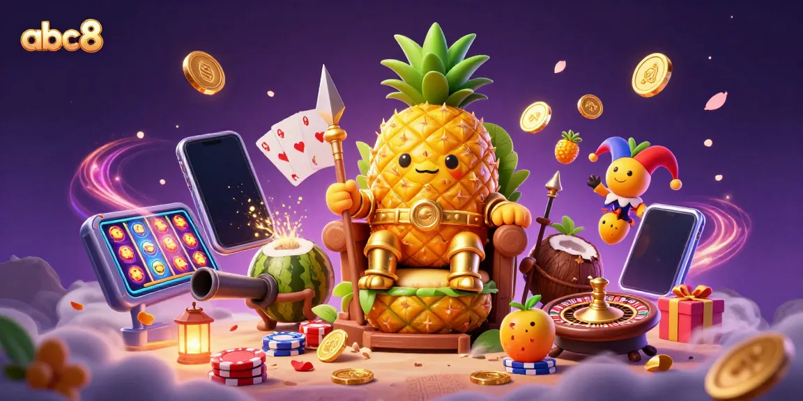 Join the fun at abc8 with this vibrant casino scene featuring a pineapple king and a colorful slot game.