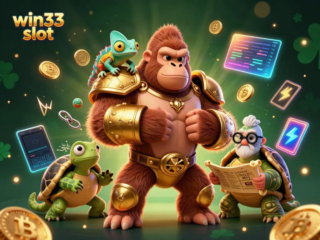 Engage with win33 slot, featuring a powerful gorilla king and a colorful chameleon in a vibrant casino scene.