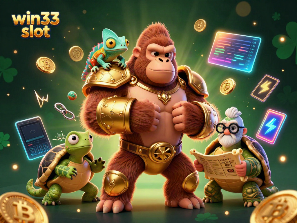 Engage with win33 slot, featuring a powerful gorilla king and a colorful chameleon in a vibrant casino scene.