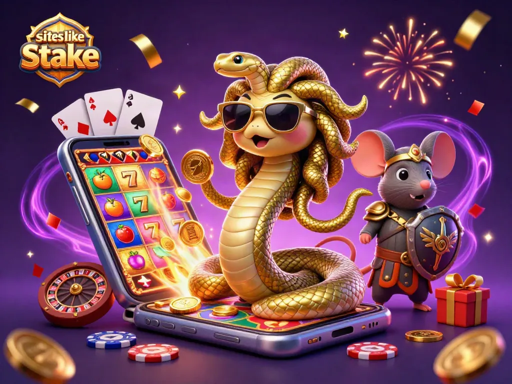 Engage with games like Stake at this vibrant casino scene showcasing slots, cards, and golden rewards.