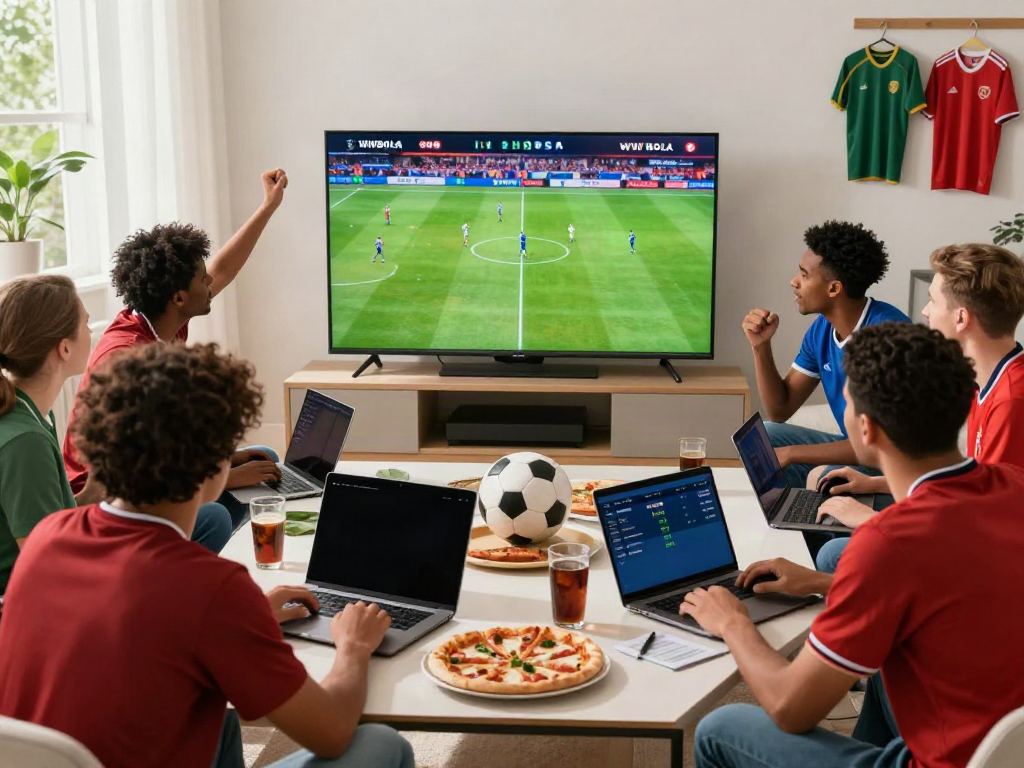 Friends enjoying live soccer betting on WWBOLA in a lively setting.