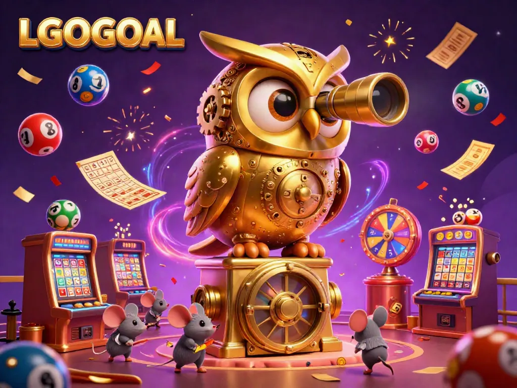 Cinematic depiction of a golden owl overlooking a lively casino scene with vibrant elements showcasing LGOGOAL.