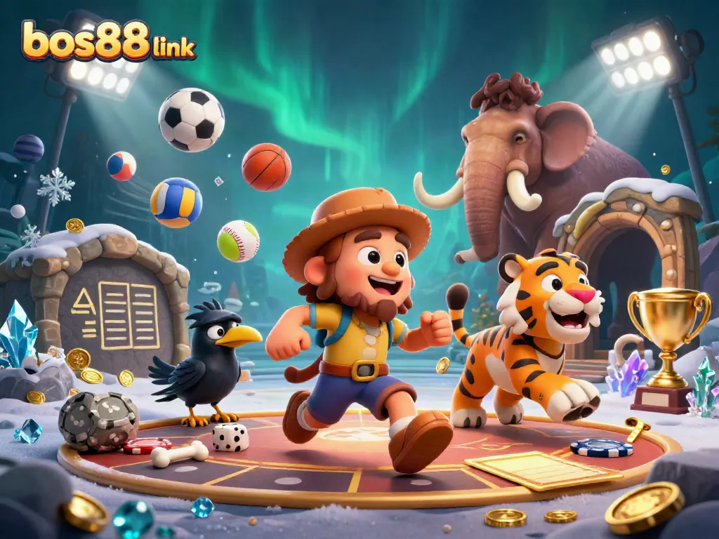 Play at the bos88 link, featuring vivid 3D casino characters including a caveman and sabertooth tiger.