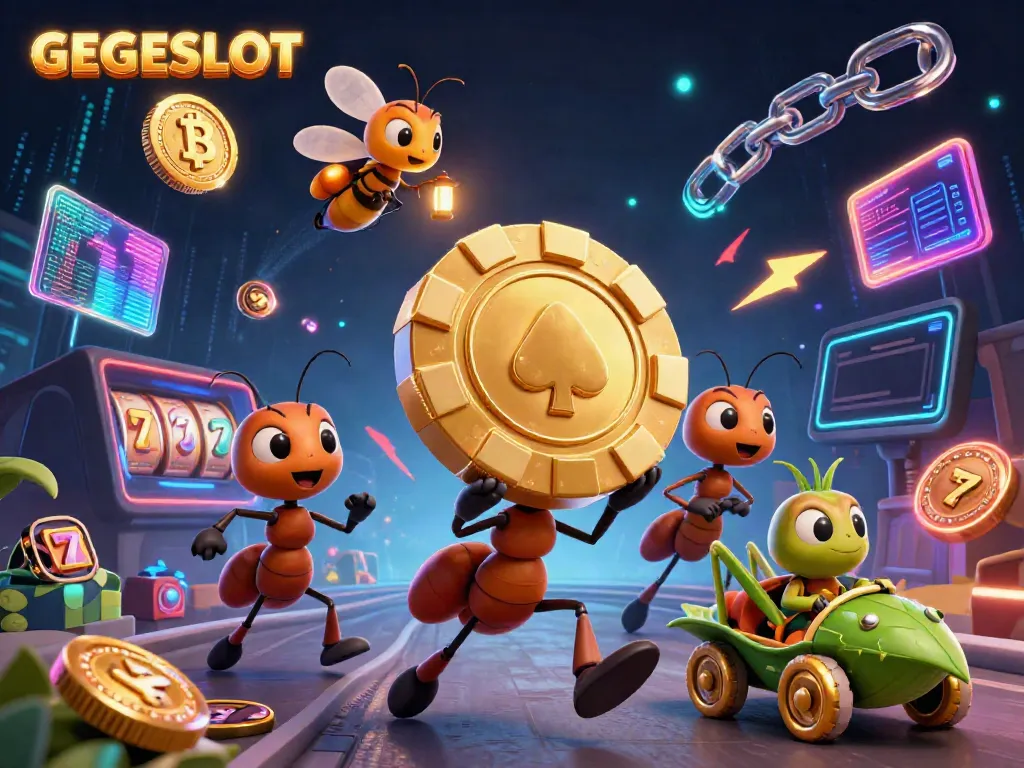 Experience GEGESLOT in action with animated ants heisting a giant poker chip surrounded by vibrant casino elements.