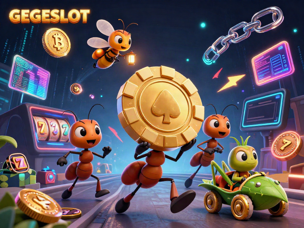 Experience GEGESLOT in action with animated ants heisting a giant poker chip surrounded by vibrant casino elements.