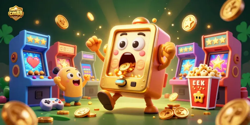 Catch the excitement at cm88 with a golden slot machine jackpot celebration surrounded by cheering machines and game elements.