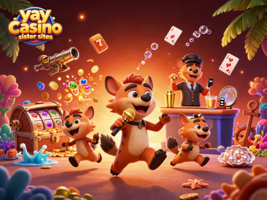Experience the fun at yay casino sister sites with hyenas in a vibrant 3D casino scene.
