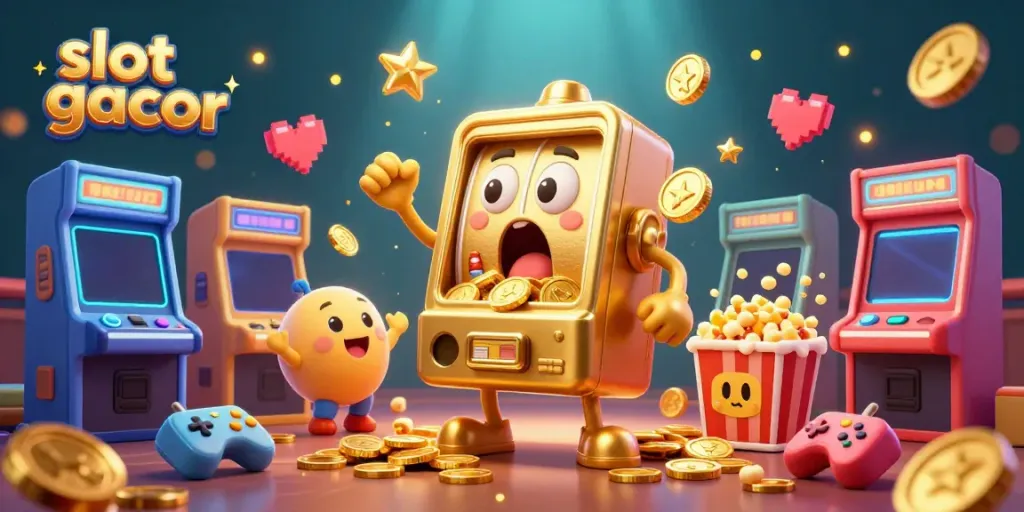 Slot gacor yang mengejutkan dengan mesin slot emas yang bahagia, dikelilingi oleh mesin slot mini dan efek koin emas yang berkilau.
