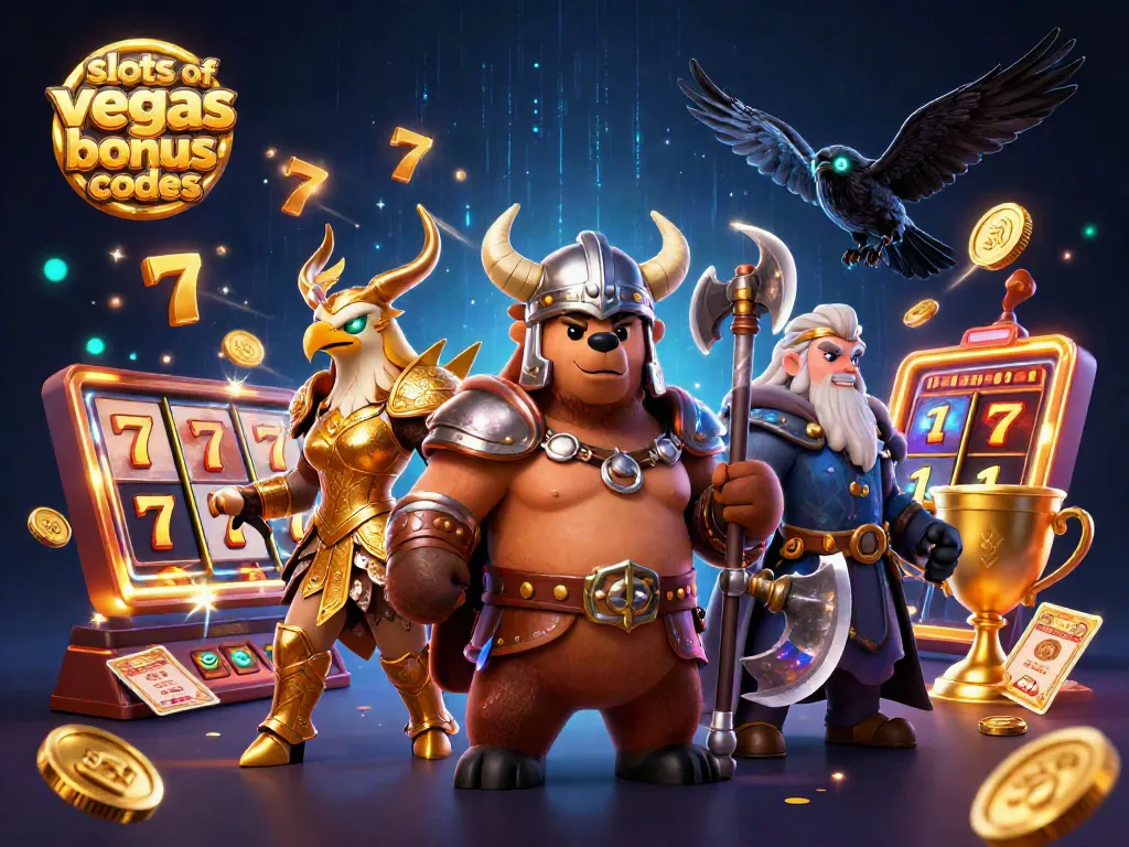 Win big with slots of vegas bonus codes in a dynamic casino scene featuring Viking bear and Valkyrie eagle.