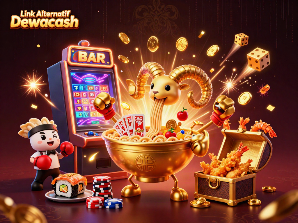 Engaging scene with the Link Alternatif Dewacash mascot character and casino elements showcasing winnings.