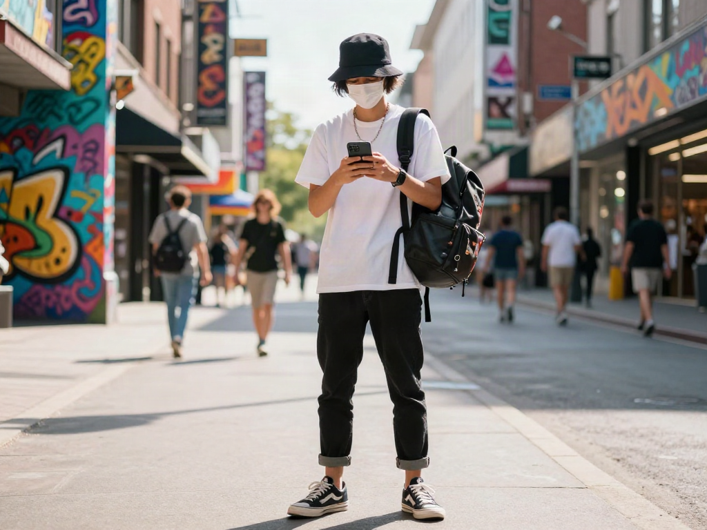 A stylish individual using a smartphone in an urban setting, showcasing modern fashion trends and akunjp lifestyle accessories.