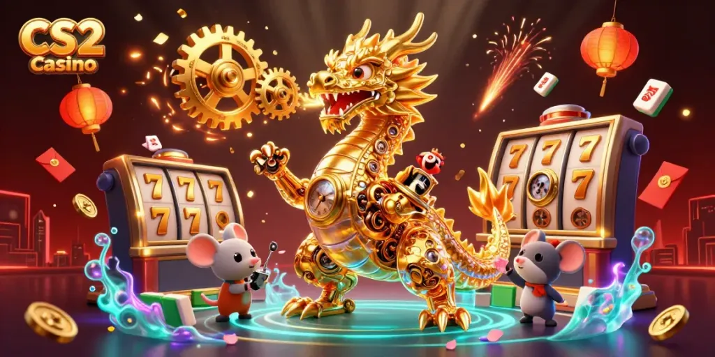 Win big at CS2 Casino with a vibrant 3D dragon breathing gold gears and magical elements.