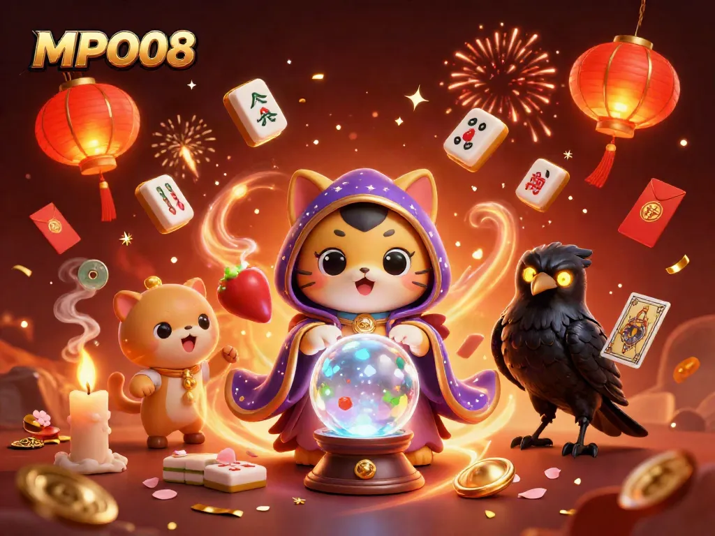 MPO08 captures the magic of casino games with a fortune teller cat and raven in a dynamic 3D scene.
