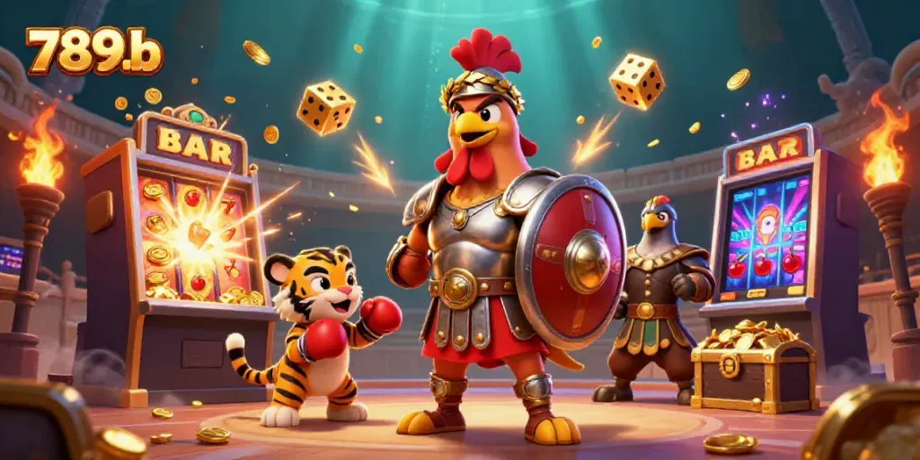 Playslots with 789b's exciting 3D casino illustration featuring animated gaming elements