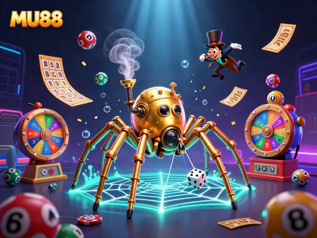Experience the vibrant MU88 online casino with dynamic games and a whimsical steampunk spider.