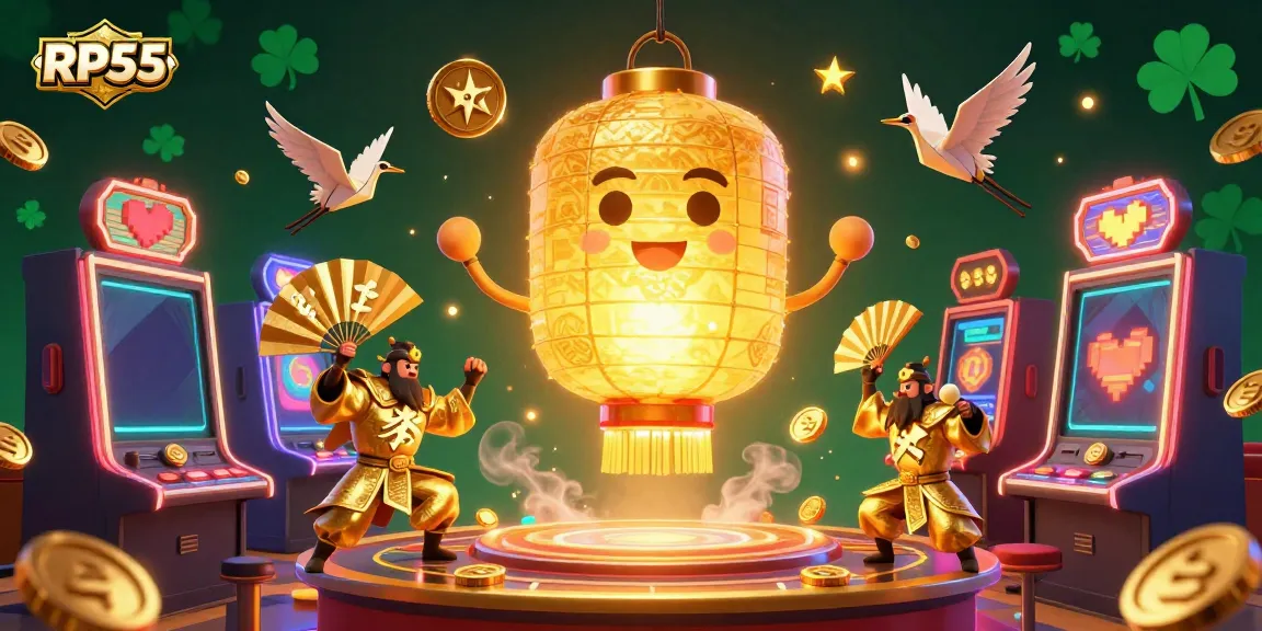 Engage in thrilling slot gaming with the RP55 3D illustration of a vibrant casino scene featuring a golden lantern spirit, warriors, and colorful game elements.