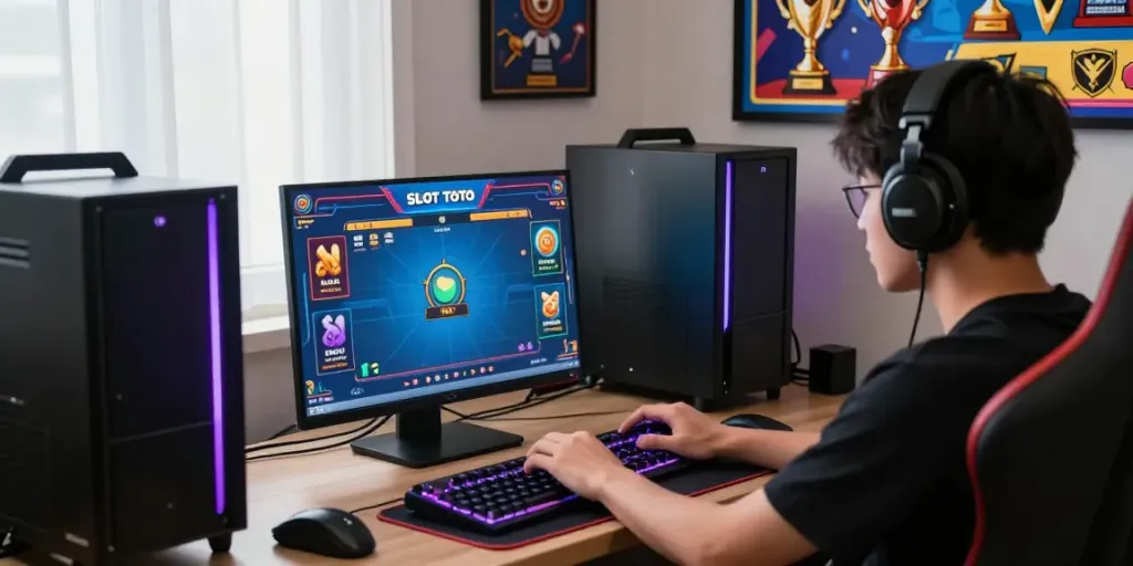 Engaged player enjoying Yumetoto's thrilling Slot Toto game with vibrant gaming setup.