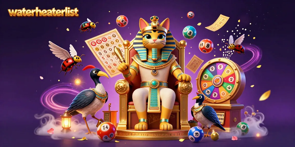 Experience the excitement of gambling with waterheaterlist's animated scene of a pharaoh cat amidst colorful lottery elements.