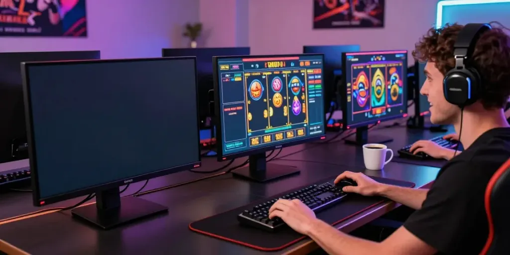 Online gaming scene showcasing a player engaged with various link slot games on a sleek monitor, emphasizing an immersive gaming experience.