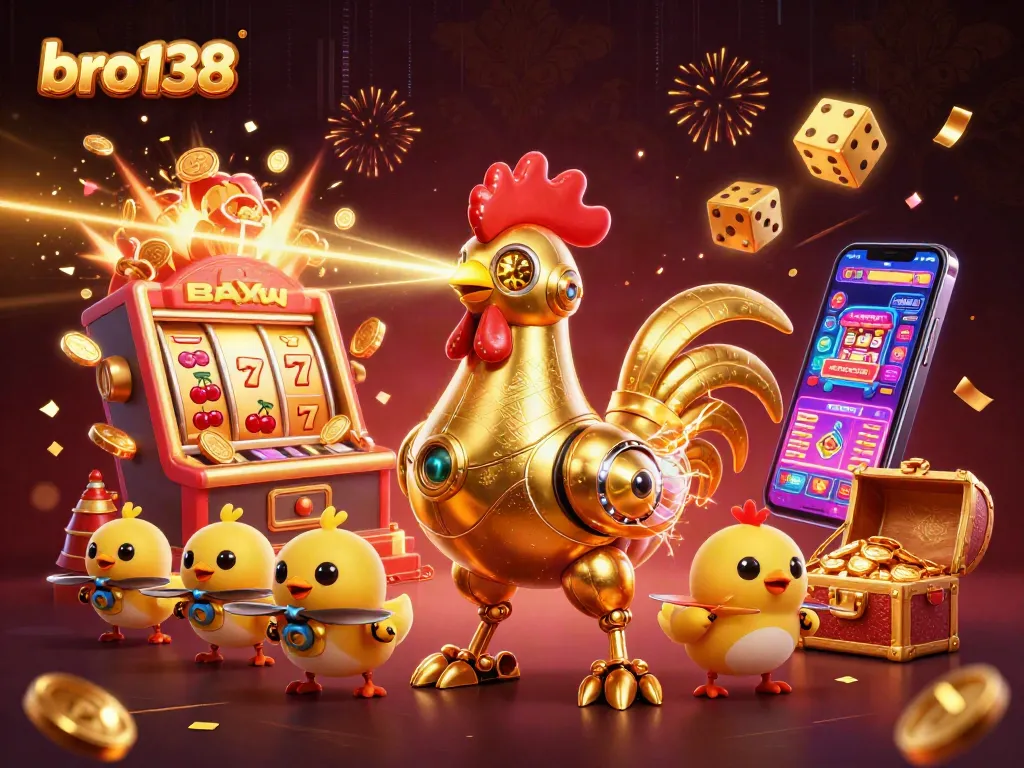 Experience the thrill of bro138 with a vibrant 3D illustration showcasing jackpot excitement and dynamic gaming elements.