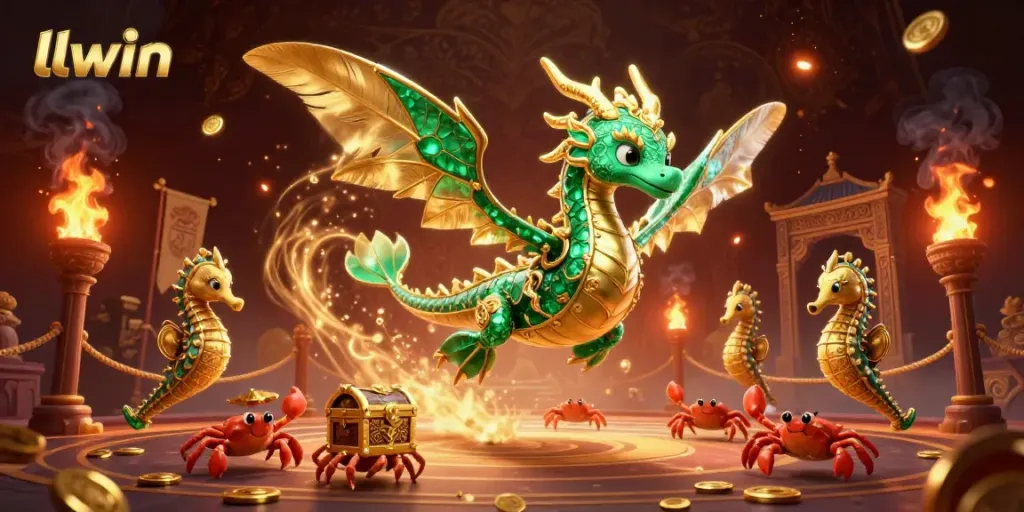 Engage with llwin's online casino adventure, featuring a majestic sea dragon, royal seahorses, and treasure chest, surrounded by dynamic golden elements.