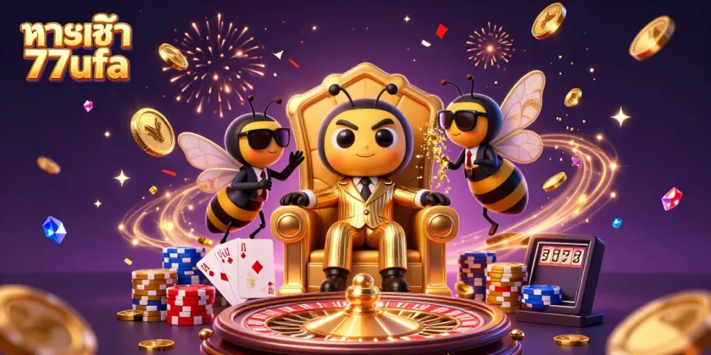 Experience the excitement of ทางเข้า 77ufa with dynamic casino elements and vivid characters in a stunning 3D illustration.