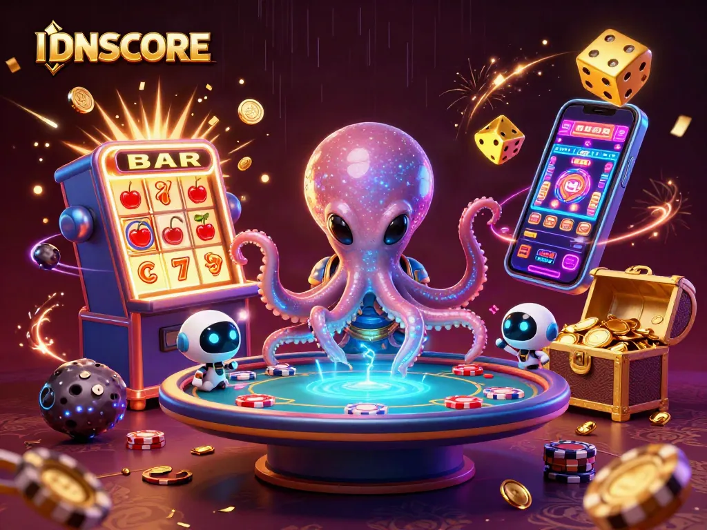 See an exciting alien octopus at the IDNSCORE poker table, surrounded by floating game elements.