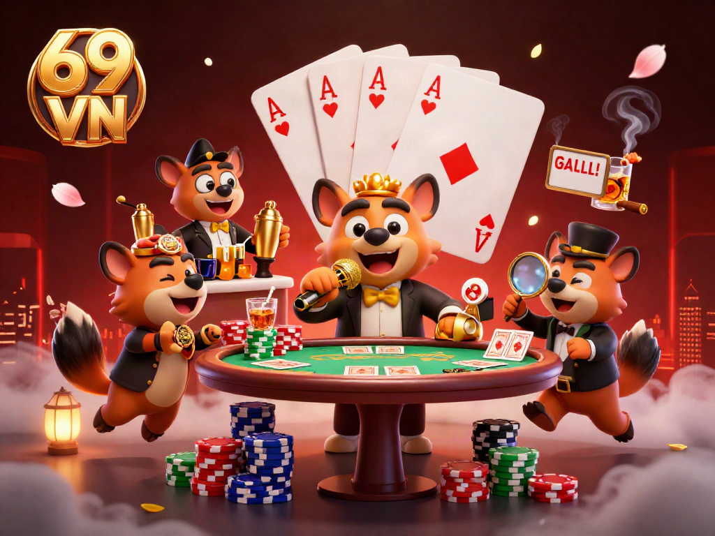 Engage in thrilling 69 VN gaming with an energetic comedy casino scene featuring playful hyenas.