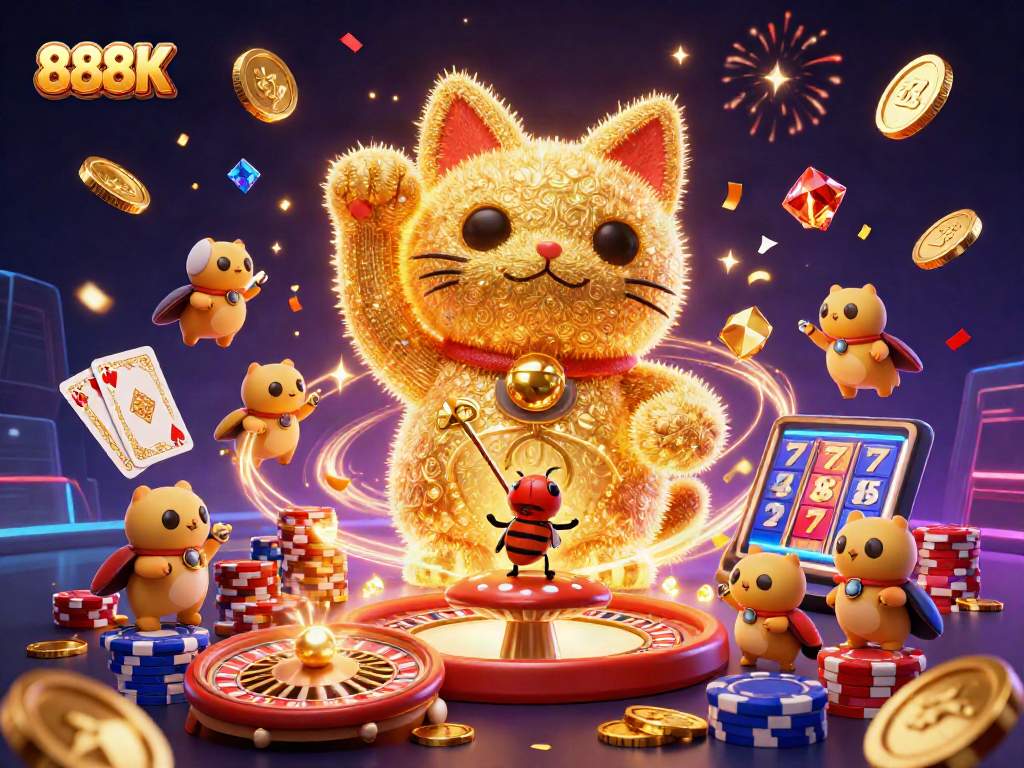 Win big with 888K's engaging illustration of a lucky cat in a vibrant casino setting.