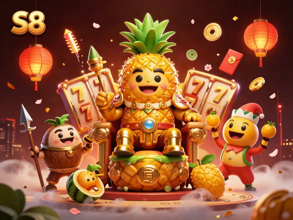 Engage in thrilling casino action with S8's vibrant 3D illustration featuring dynamic characters and game elements.