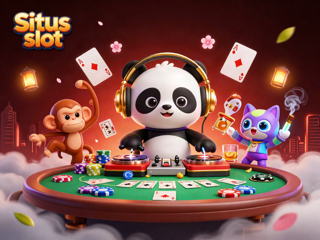 Situs slot menampilkan panda DJ 3D dan makhluk lain di pesta kasino yang penuh warna.