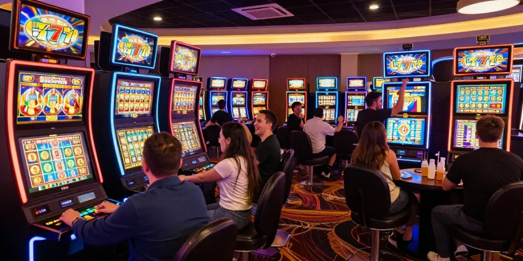 Exciting casino scene showcasing Lucky777 slot machines with players celebrating wins.