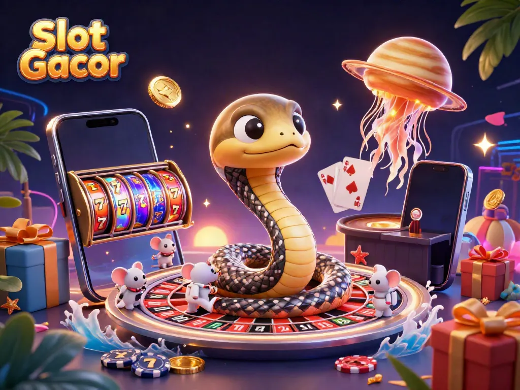 Engage in Slot Gacor with vibrant 3D casino elements, mini astronauts betting on a roulette wheel.