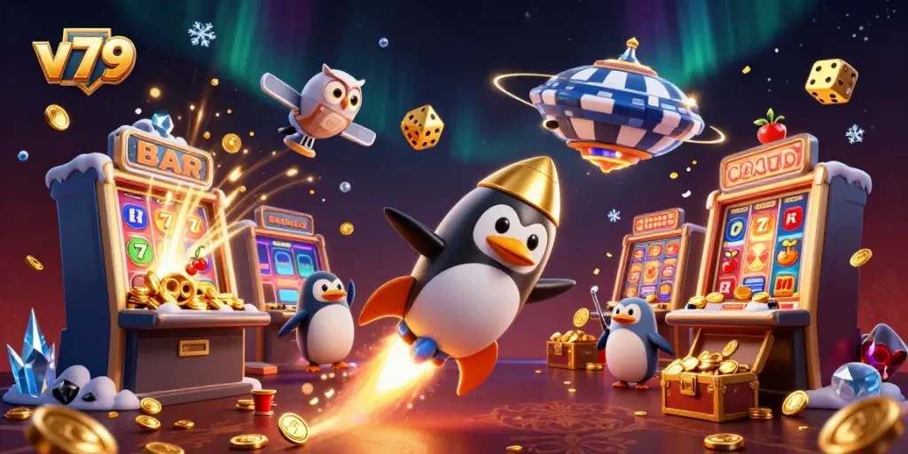 Experience the vibrant gambling universe of v 79 with a golden penguin and rich slot machine symbols.