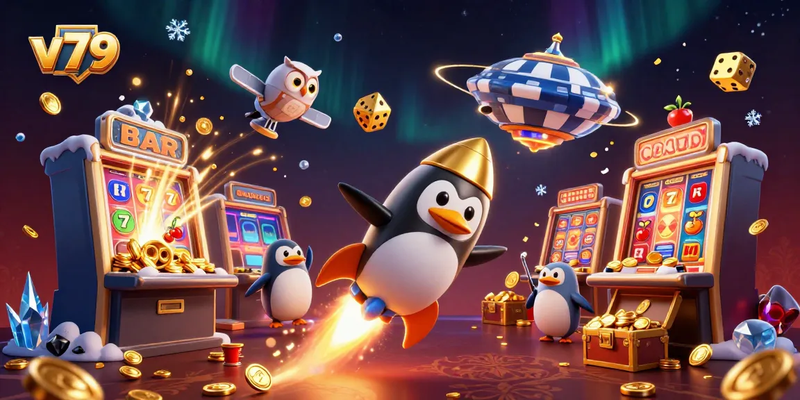 Experience the vibrant gambling universe of v 79 with a golden penguin and rich slot machine symbols.