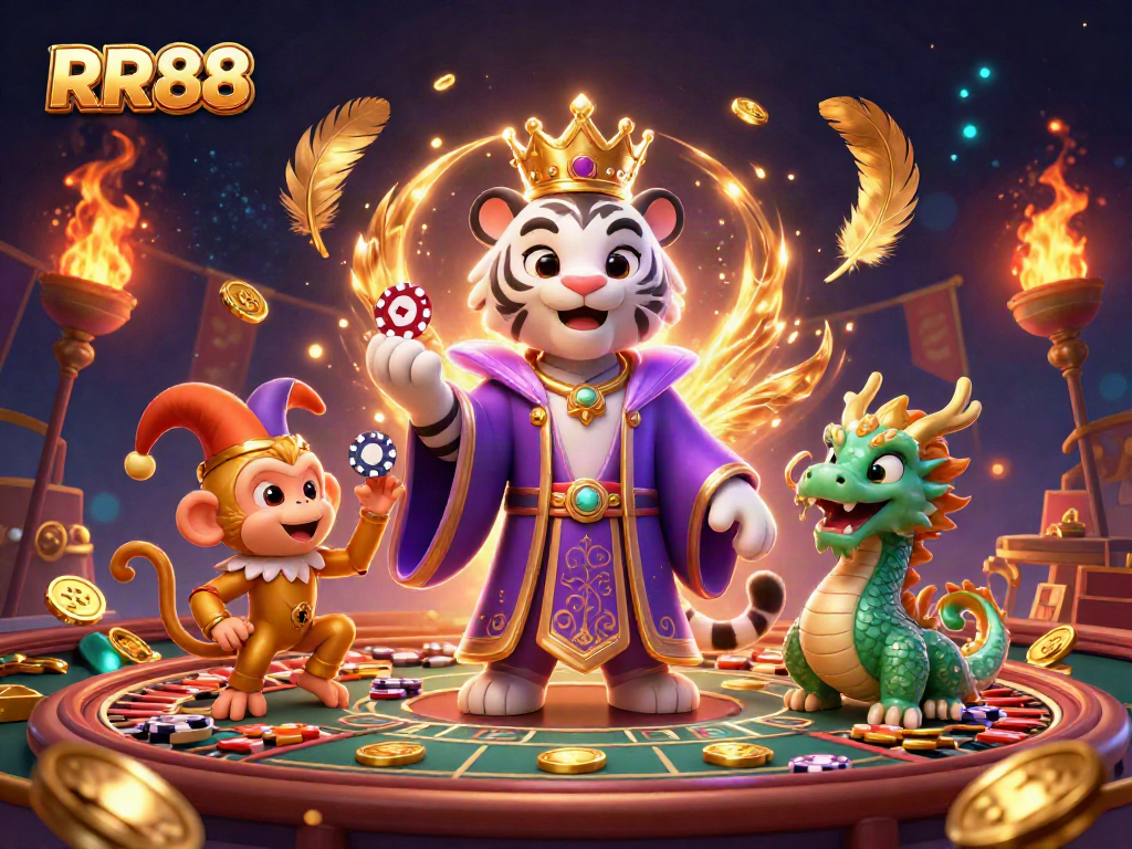 Experience engaging gambling with RR88, showcasing a lively casino scene featuring a charismatic white tiger and golden monkey.