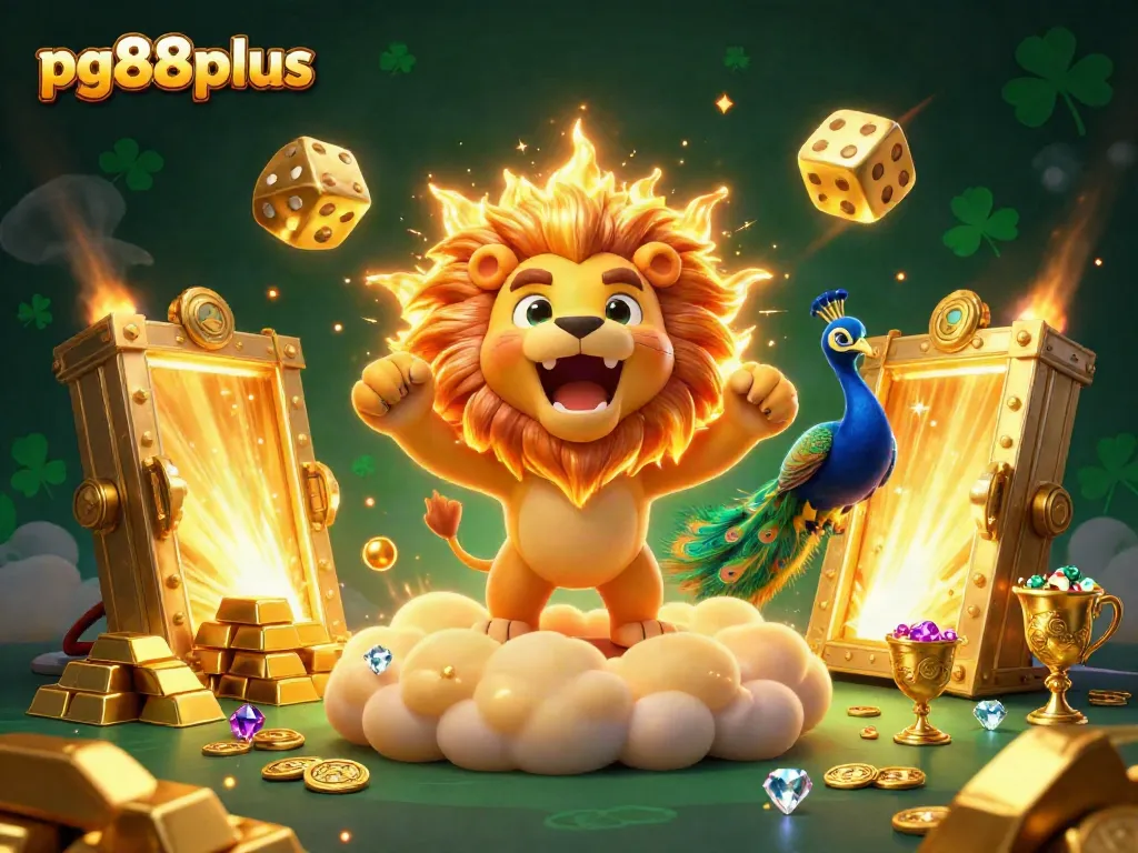 Experience thrilling wins at pg88plus with a dazzling casino illustration filled with golden treasures and vibrant characters.