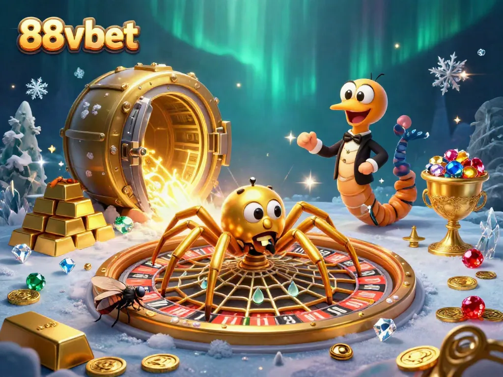 Experience the thrill of 88vbet with a golden roulette web being spun by whimsical characters in a vibrant casino scene.